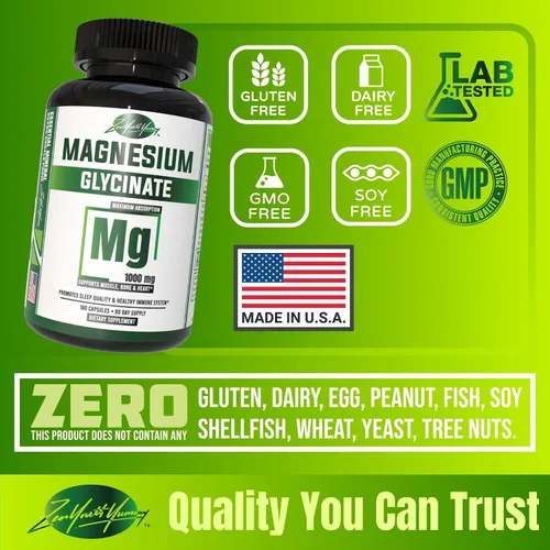 Vista 7 de ZYY Cápsulas de glicinato de magnesio puro de 1000 mg de máxima fuerza, quelado para alta absorción, suplemento de magnesio para sueño, músculo