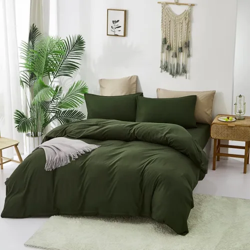 Vista 5 de Juego de edredón verde oliva, tamaño individual, color verde oscuro, juego de ropa de cama militar, suave y transpirable, ropa de cama minimalista
