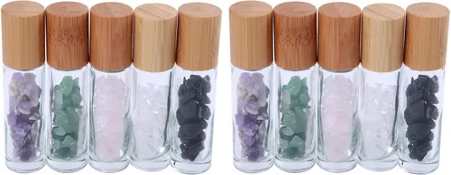 Vista 6 de Constore 5 botellas enrollables de piedras preciosas de 0.3 fl oz, botellas recargables con tapas de bambú, chips de cristal curativo
