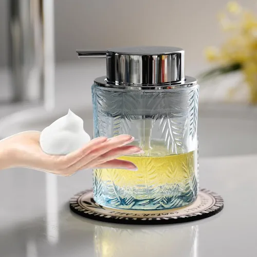 Vista 20 de CICUFY Dispensador de Jabón de Manos o Loción de Vidrio Espumoso, Dispensador de Jabón Líquido Recargable con Bomba Grande de Plata