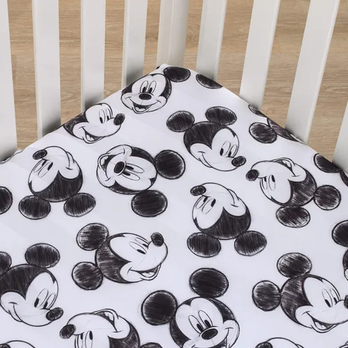 Vista 3 de Disney Mickey Mouse - Sábana bajera ajustable de poliéster para cuna de Mickey Mouse color blanco y negro