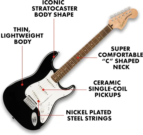 Vista 3 de Fender Affinity Series Stratocaster Mustang Micro Pack, diapasón de laurel, negro, bolsa de concierto, HD9, EE. UU., CA, UE, AU, JP