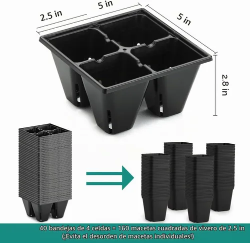 Vista 2 de RooTrimmer Paquete de 40 bandejas reutilizables de 4 celdas para plantas de semillero, bandejas profundas de células grandes con agujeros de drenaje