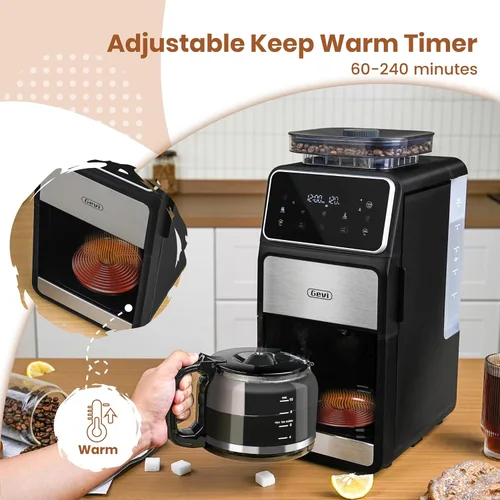 Vista 5 de Gevi Cafetera para moler y preparar 10 tazas con molinillo de rebabas integrado, pantalla táctil programable, mantiene el calor de 4 horas, filtro