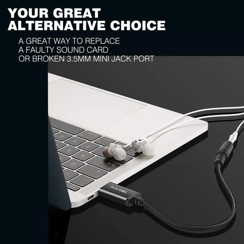Vista 5 de DUKABEL Adaptador de audio USB, adaptador USB a 3.5mm Aux para auriculares, TRRS para micrófonos, convertidor de tarjeta de sonido externa USB