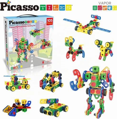 Vista 3 de PicassoTiles STEM - Juguetes de aprendizaje de 105 piezas, juego de bloques de construcción para niños, kit de ingeniería de construcción, bloques