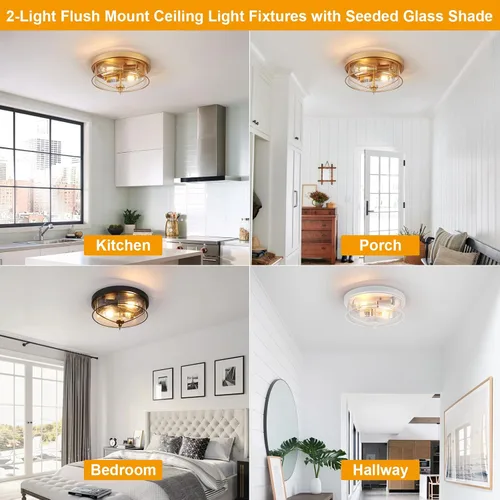 Vista 5 de Foucasal Lámpara de techo dorada de montaje empotrado con pantalla de vidrio semillado, moderna e industrial para exteriores e interiores, 2 luces