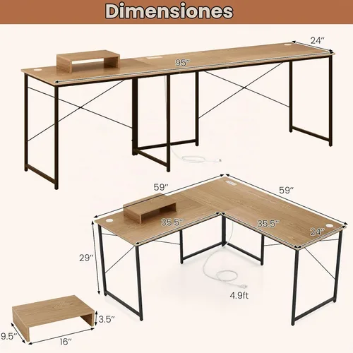 Vista 3 de Tangkula Escritorio para computadora en forma de L con tomas de corriente, escritorio para 2 personas de 95 pulgadas de largo con estante