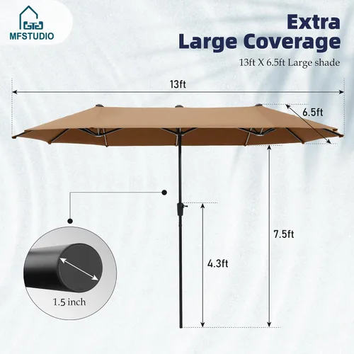 Vista 3 de MFSTUDIO Sombrilla de patio al aire libre de 13 pies, sombrilla rectangular grande de doble cara para mesa de mercado, sombrillas rectangulares