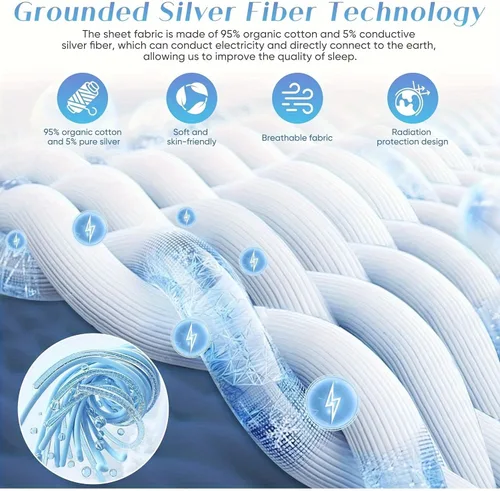 Vista 3 de Grounding Sheets, 95% algodón orgánico + 5% fibra plateada, sábana bajera ajustable conectada a tierra con cordón de conexión a tierra