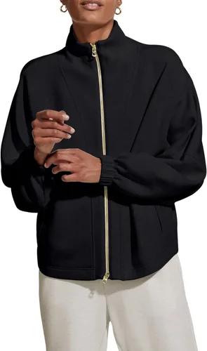 Vista 3 de Esobo Sudaderas con cremallera para mujer, chaqueta casual de manga larga, holgada, con bolsillos