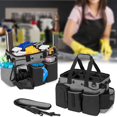 Vista 7 de LoDrid Organizador de limpieza profesional grande con divisor desmontable, organizador de suministros con asa y correa para el hombro, bolsas