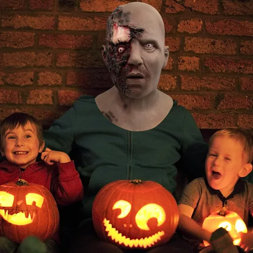 Vista 4 de Máscara de zombi aterradora de látex espeluznante para Halloween, disfraz de terror sangriento para adultos, accesorios de decoración de Halloween