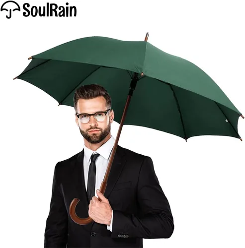 Vista 3 de SoulRain Paraguas de arco clásico con mango de madera de 48 pulgadas, apertura automática, resistente al viento, irrompible, paraguas de lluvia