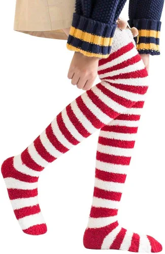 Vista 4 de Calcetines altos hasta el muslo para mujer, lindos dibujos animados, por encima de la rodilla, cálidos, calentadores de piernas a rayas