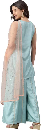 Vista 6 de Janasya Kurta bordada de seda de poliéster verde mar indio para mujer con Palazzo y Dupatta