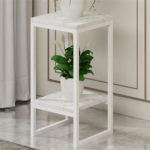 Vista 21 de Mesa cuadrada simple de madera de varios niveles con estante de almacenamiento, soporte para maceta de hierro forjado para sala de estar en Negro