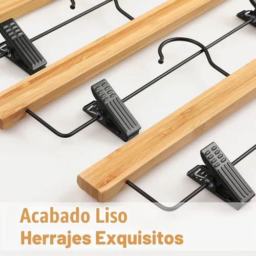 Vista 3 de TOPIA HANGER Perchas para pantalones, paquete de 10 perchas de bambú con clips negros y gancho giratorio, perchas duraderas de madera natural