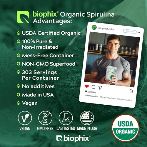 Vista 3 de biophix Polvo de espirulina orgánica, 2.2 libras 100% pura espirulina azul verde algas en polvo, vegano, sin OMG, no irradiado, certificado USDA
