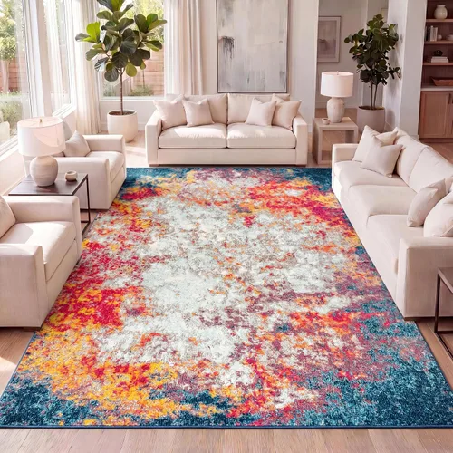 Vista 8 de JONATHAN Y Alfombra abstracta moderna color crema/azul, 2 x 8, contemporánea, POP, transicional, fácil limpieza para sala de estar, dormitorio