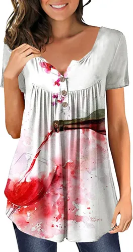 Vista 4 de TREBIN Túnica de manga corta para mujer, holgada, casual, talla grande, plisada, con botones, casual, verano