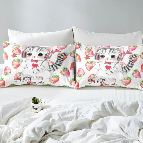 Vista 6 de Erosebridal Lindas sábanas de gato Kawaii fresa tamaño individual para niñas, diseño de arcoíris de dibujos animados, juegos de sábanas y fundas