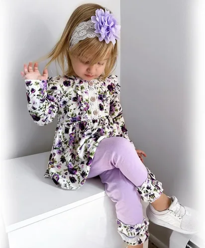 Vista 3 de HINTINA Conjunto de ropa de 2 piezas para niña pequeña con volantes y manga larga