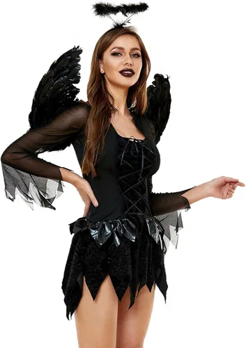 Vista 6 de Oplxuo Disfraces de Halloween para mujer, vestidos góticos sexis, Halloween, cosplay, vestido de ángel oscuro, vestidos de fantasma con diadema, alas