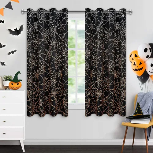 Vista 2 de Cortinas opacas de Halloween para sala de estar y dormitorio, cortina de ventana de tela de araña de 63 pulgadas de largo, 2 paneles de cortinas