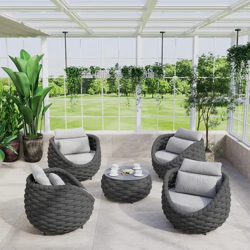 Vista 23 de Juego de muebles de patio de aluminio de 3 piezas: cuerda tejida a mano para conversación al aire libre, juego de 2 cojines modernos montados, juego