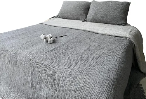 Vista 3 de Manta de muselina 100% algodón, colcha de 4 capas, funda de cama de muselina de algodón turco suave, colcha reversible, gris antracita