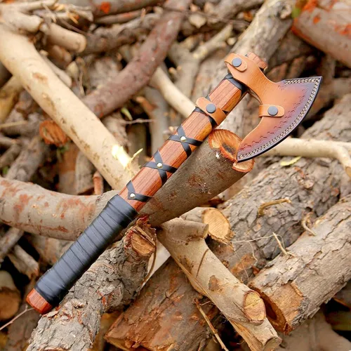 Vista 6 de Hacha vikinga de Ragnar Lothbrok con mango de madera de rosa - Hacha de caza de acero al carbono de alta forja de hoja afilada, hachas de camping