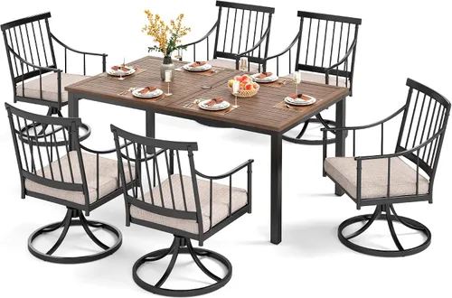 Vista 22 de PHI VILLA Juego de mesa de comedor para patio de 7 piezas con cojín para 6, mesa grande rectangular de metal para exteriores con orificio para Silla