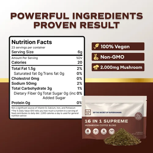Vista 2 de Café instantáneo Fully Joe Mushroom con 16 hongos superalimentarios, incluye melena de león, reishi, chaga, cordyceps mezclado con café gourmet