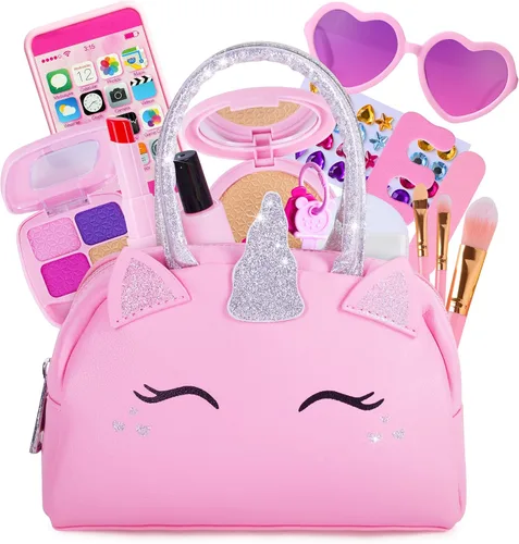 Vista 8 de Kit de maquillaje de simulación para niñas pequeñas con bolso de unicornio: juego de juguetes de maquillaje falso (no real) para niños pequeños