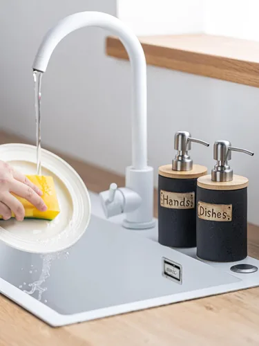 Vista 4 de Juego de dispensador de jabón de cocina, dispensador de jabón de manos y platos de cerámica para baño, incluye bandeja de secado instantáneo, embudo