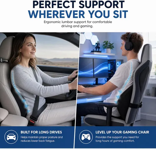 Vista 5 de Almohada de apoyo lumbar para silla de oficina y coche rosa: 18.9 x 9.5 x 4