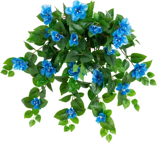 Vista 5 de Nearly Natural Planta colgante de azalea artificial resistente a los rayos UV de 24 pulgadas (interior/exterior), juego de 3 Azul