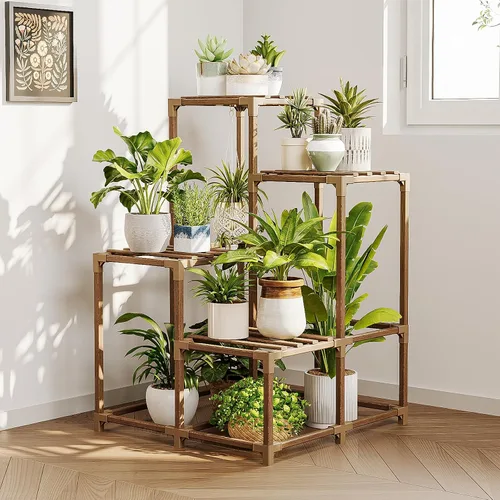 Vista 8 de Bamworld Soporte para plantas para interiores y exteriores, estante de esquina para plantas, soporte para 4 macetas, soporte para flores, estante