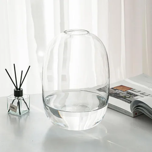 Vista 5 de Jarrón de vidrio transparente para flores, jarrón decorativo redondo ovalado para centros de mesa del hogar y decoración de granja, jarrón de vidrio