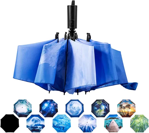 Vista 72 de LANBRELLA Paraguas plegable inverso compacto paraguas de viaje a prueba de viento automático