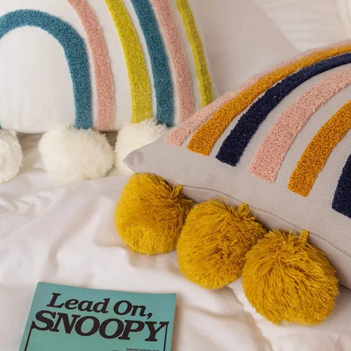 Vista 5 de vctops Cojín decorativo de algodón con borlas y estilo bohemio arco iris con relleno de almohada para sofá, cama, sala de estar