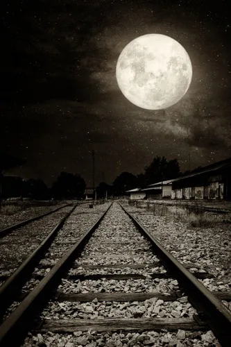 Vista 2 de Pistas de ferrocarril abandonadas laminadas a la luz de la luna, fotografía fotográfica espeluznante y aterradora decoración de Halloween, póster