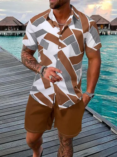 Vista 4 de OYOANGLE Men's 2 Piece Outfits Printed Button Down Short Sleeve Shirt and Shorts Tracksuit Set
