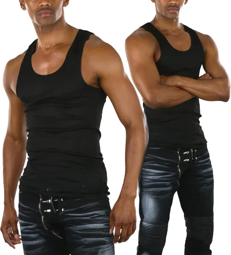 Vista 5 de ToBeInStyle Camiseta sin mangas para hombre, ajuste delgado, mezcla de algodón, color liso, cuello redondo