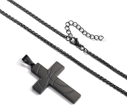 Vista 4 de Collar de cruz de baloncesto para niños con versículo bíblico inspirador, cadena colgante de acero inoxidable, joyería deportiva, regalo para hombres