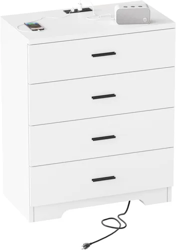 Vista 12 de GEPELCN Cómoda para dormitorio con tomas de corriente, cómoda de madera con 5 cajones con gran espacio de almacenamiento, cómoda negra con riel
