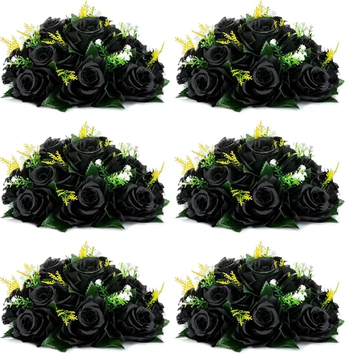 Vista 7 de NUPTIO Rosas Artificiales Negras Flores: Ramo de Flores Falsas Decoraciones de Halloween - 15 Cabezas Centros de Mesa de Rosas Artificiales con Base