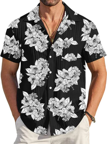 Vista 40 de COOFANDY - Camisas de botones casuales para hombre, de manga corta, con textura, camisa de playa de verano con bolsillo
