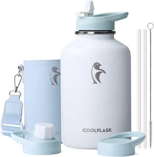 Vista 16 de Coolflask Botella de agua de 64 onzas aislada con funda de cuero PU, botella de agua de medio galón con contraste de color y tapa con popote, jarra